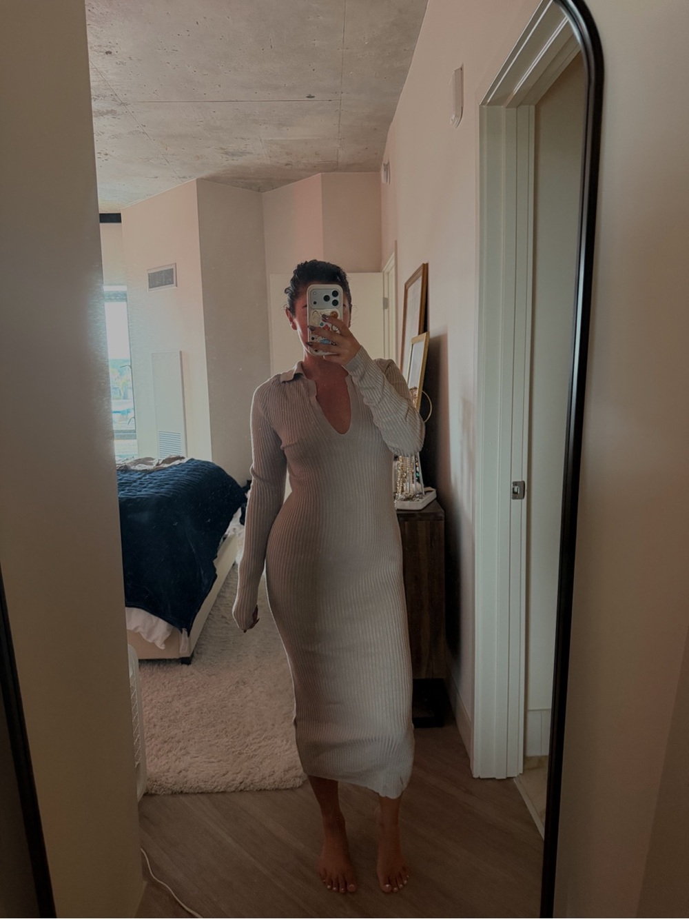 Long Sleeve Ribbed Midi Dress - Cream